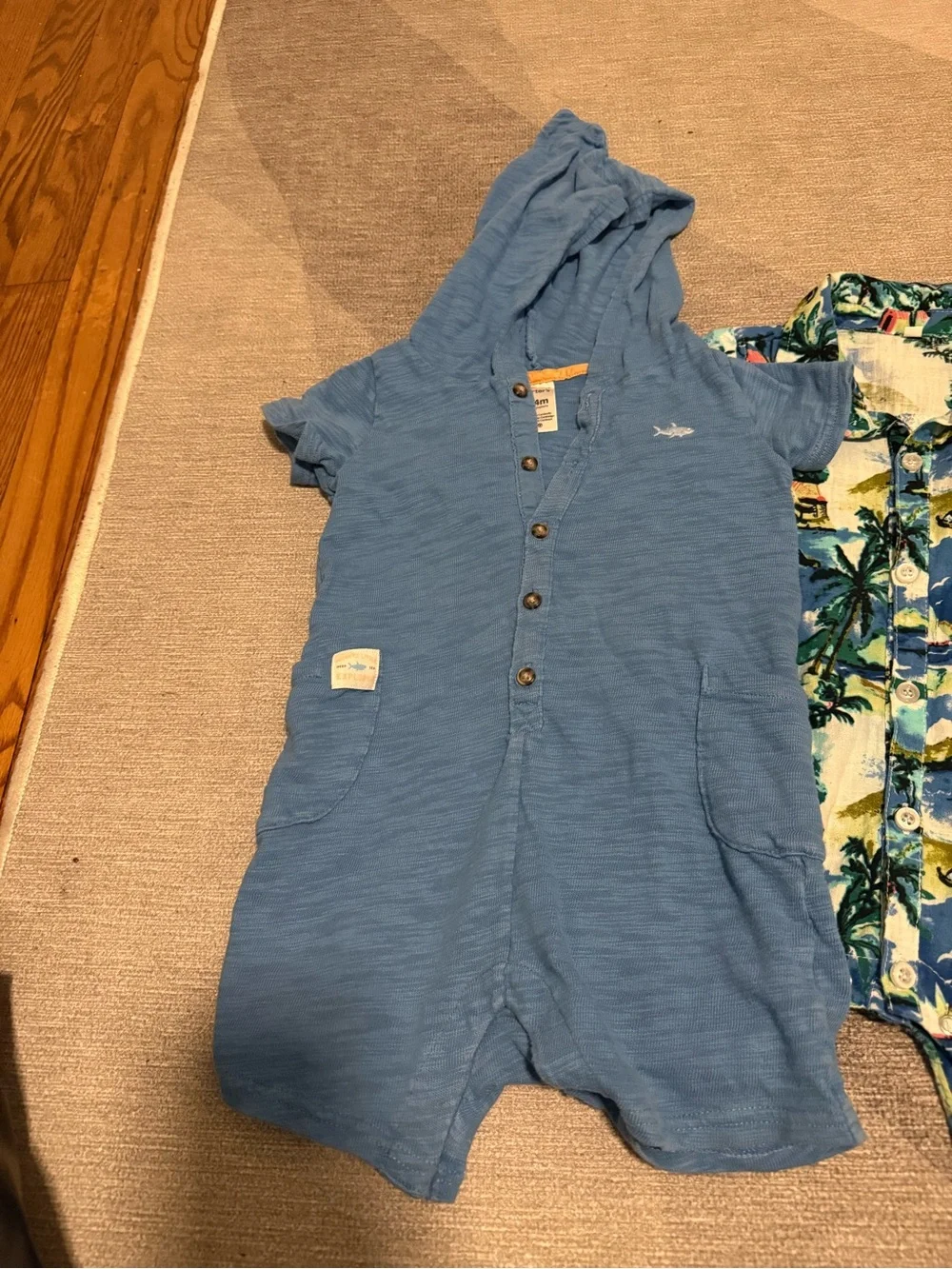 Lot Of Four Toddler Boy Romper Bundle Carters 24 Month Tropical, Cars, Shark